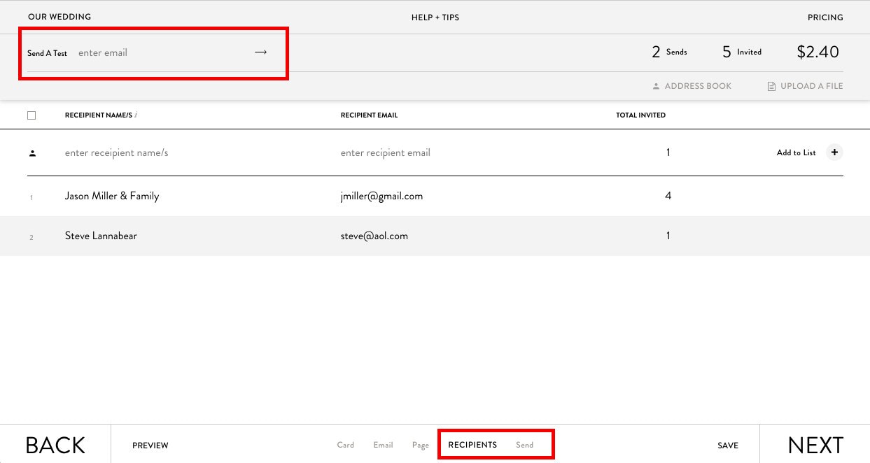 A screen displaying how to send a test email to wedding guests